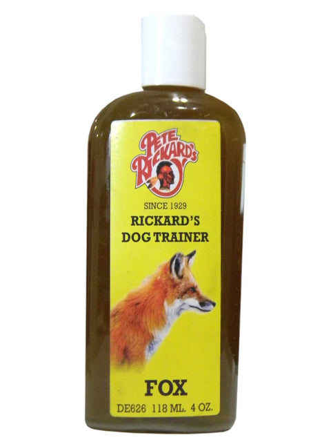 Bottle of Pete Rickard's Dog Trainer with a fox label on a white background