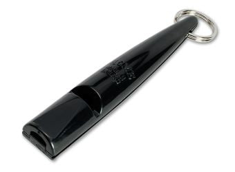 Black whistle with a key ring on a white background