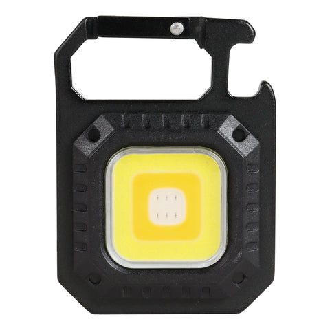 Black portable light with yellow LED component on a white background