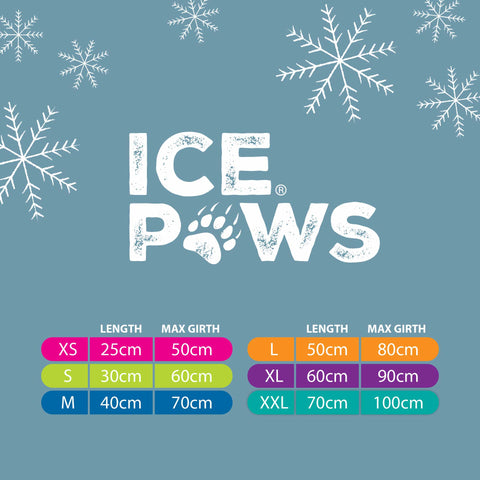 Ice Paws product size chart with snowflake designs on a blue background