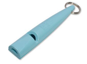Blue dog whistle with a metal ring on a white background
