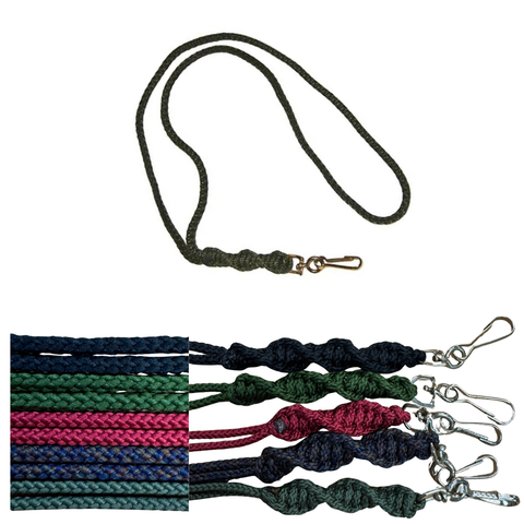 Green braided lanyard with metal clip on a white background