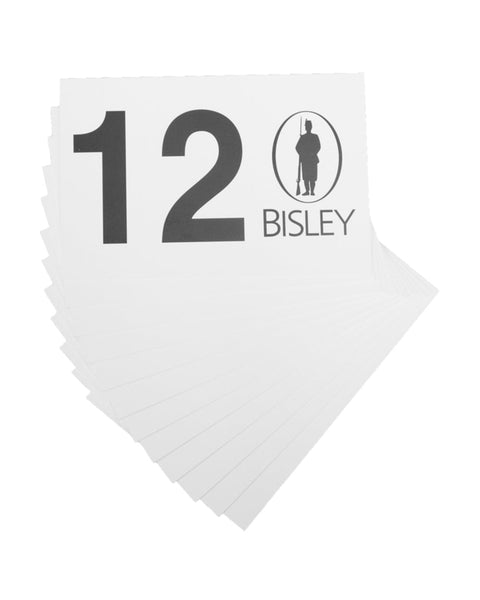 Stack of white labels with 'Bisley' branding and size number '12'.