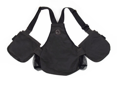 Brown waxed gundog training vest with multiple pockets and straps on a white background