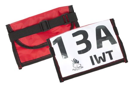 Red and black arm band with a white label displaying '13A IWT' on a white background