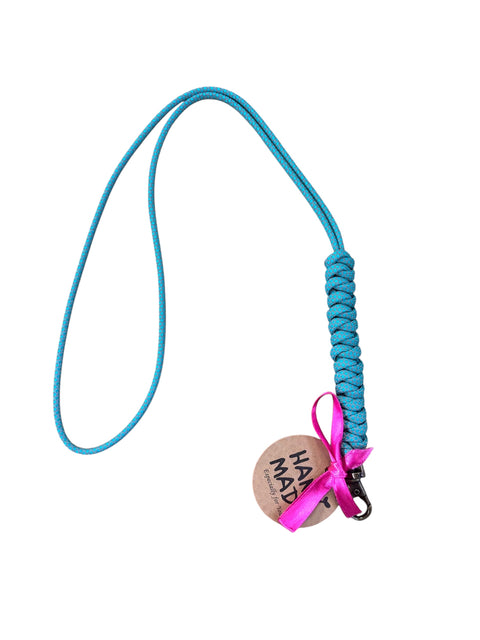 Turquoise braided lanyard with a pink ribbon and tag on a white background