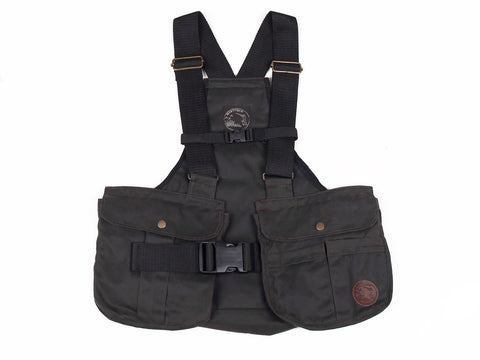 Brown waxed gundog training vest with multiple pockets and straps on a white background