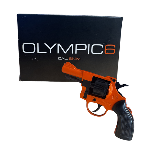 Orange and black revolver with 'Olympic 6' packaging in the background