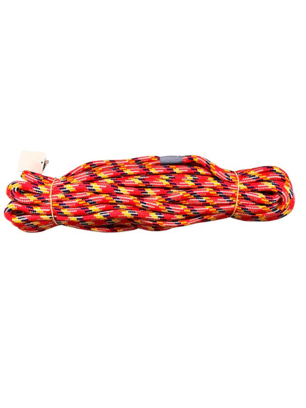 Coiled red, yellow, and black rope lead on a white background