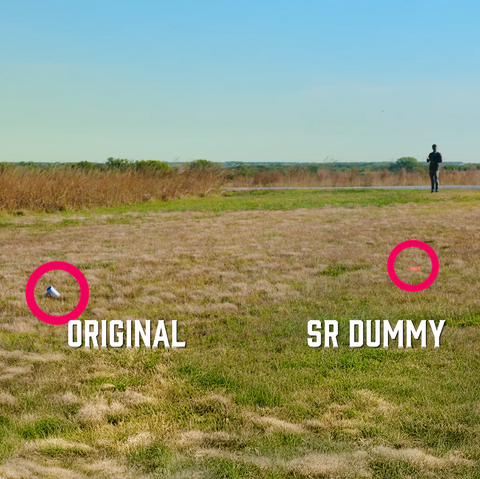 Comparison of 'Original' and 'SR Dummy' images in a grassy field with people in the distance.