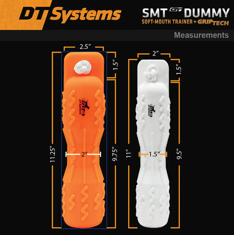 Measurement chart of an orange and white dog training dummy with DT Systems branding.