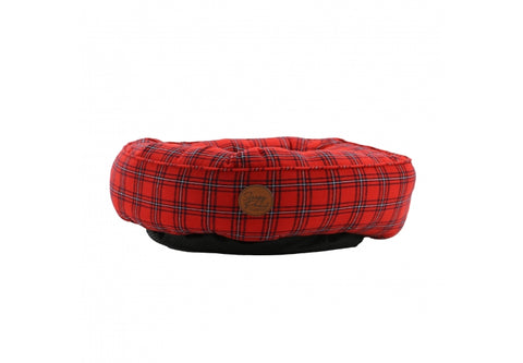 Red plaid pet bed with a visible brand logo on a white background