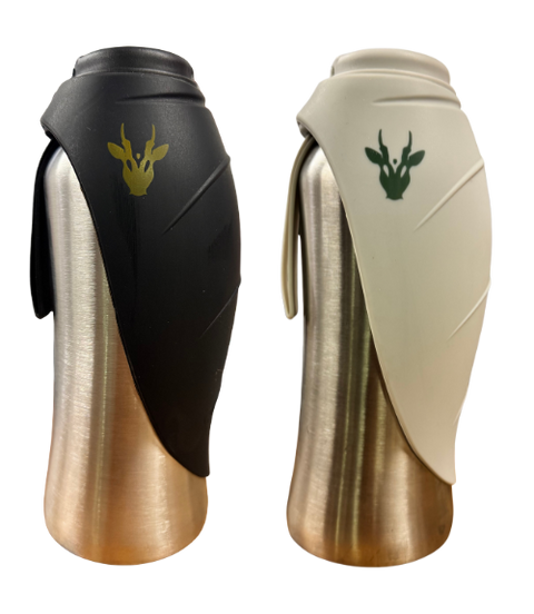 Two insulated bottles with black and beige covers featuring Muntjac logo on a white background.