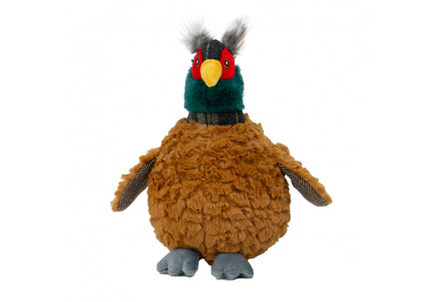 Plush toy resembling a bird with a brown body, green head, and yellow beak on a white background