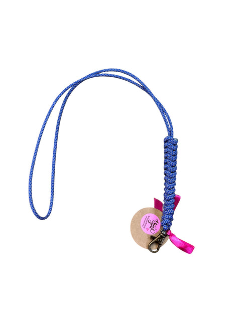 Blue reflective cord with a pink tag on a white background