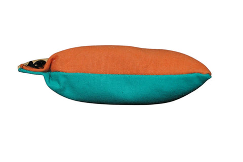 Two-toned orange and green half lb traditional dummy on a white background