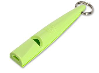 Lime Green whistle with a metal ring on a white background