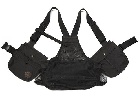 Brown waxed gundog training vest with multiple pockets and straps on a white background