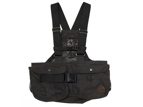 Brown waxed gundog training vest with multiple pockets and straps on a white background