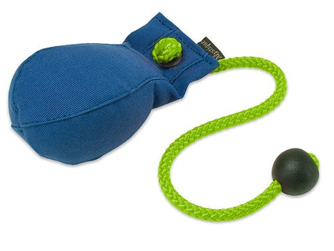 A blue canvas dummy ball with a bright green braided rope and a black toggle, shown on a plain white background.