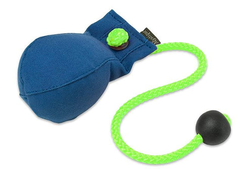 A blue canvas dummy ball with a bright green braided rope and a black toggle, shown on a plain white background.
