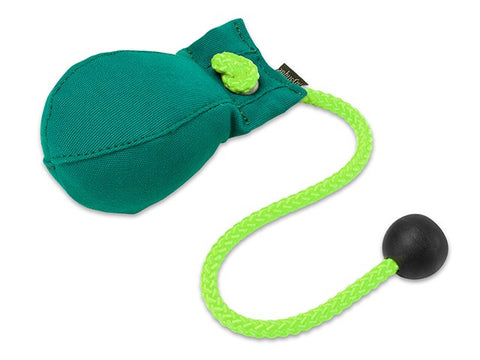 A green canvas dummy ball with a bright green braided rope and a black toggle, shown on a plain white background.