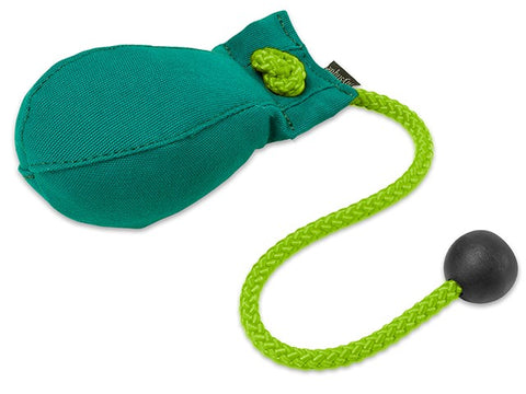 A green canvas dummy ball with a bright green braided rope and a black toggle, shown on a plain white background.