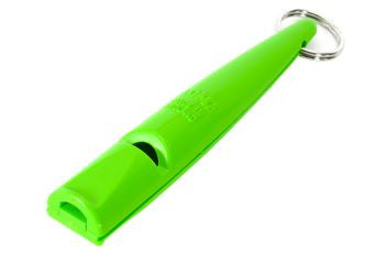 Neon Green whistle with a key ring on a white background