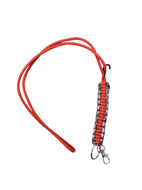 orange and camo paracord lanyard with metal hook on a white background