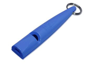 Blue whistling dog training tool with a metal ring on a white background