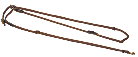 Brown leather lanyard with metal clasps on a white background