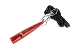 red acme gundog whistle with black lanyard